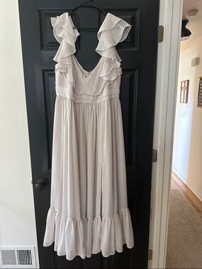 Birdy Grey Ruffled Midi Dress in Light Beige- Michelle Chiffon dress in Almond